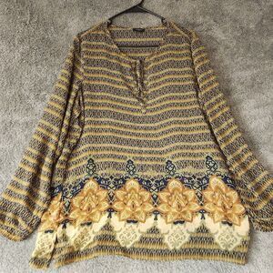 Ann Taylor Striped Floral Long Sleeve Tunic Size Large Sheer Green Gold